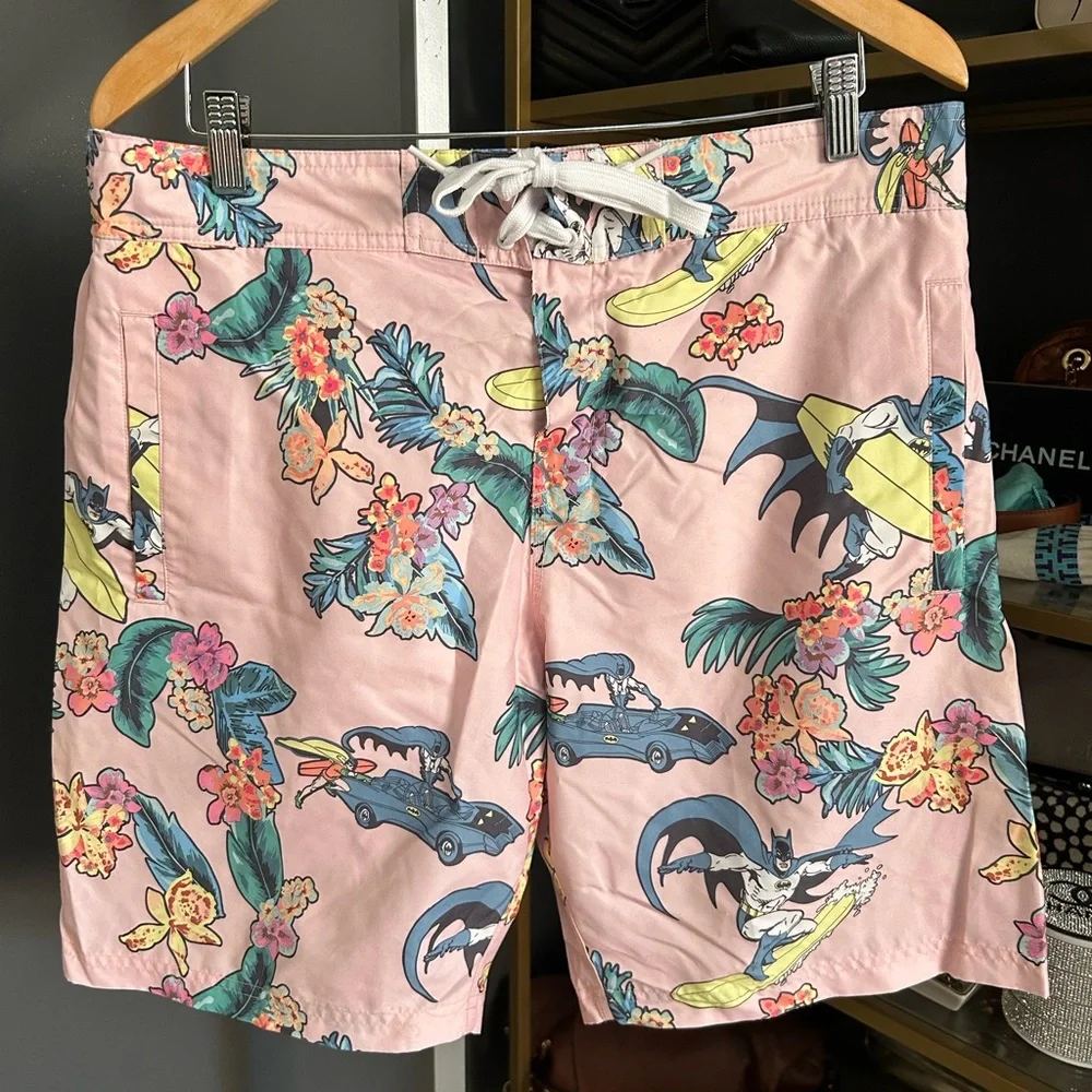 Batman Robin Pink Hawaiian Bathing Suit Shorts Swim Trunks Size L